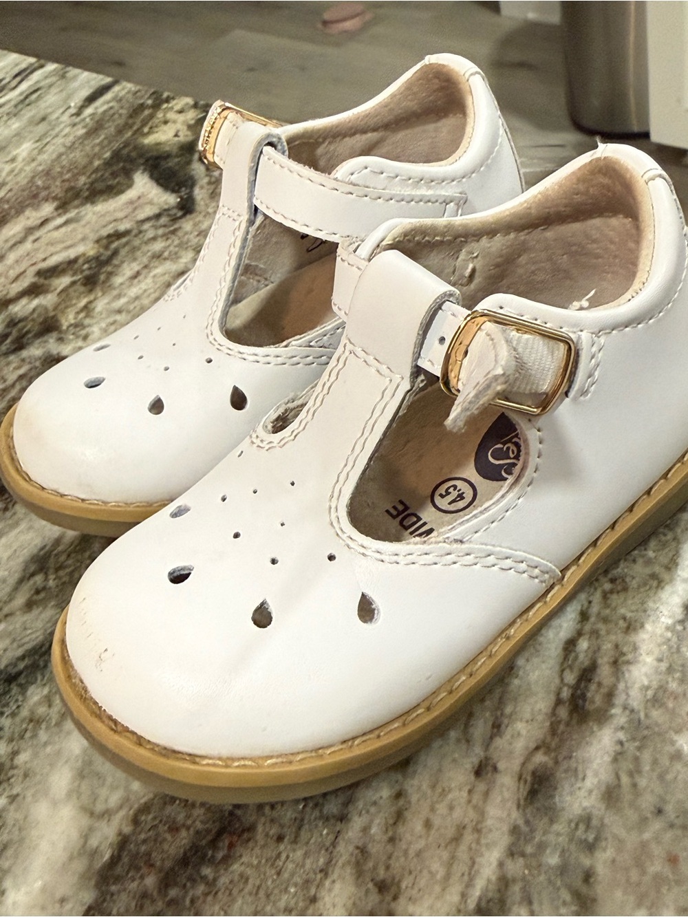 FootMates White T-Strap Harper 7200 Shoes with Gold Buckle